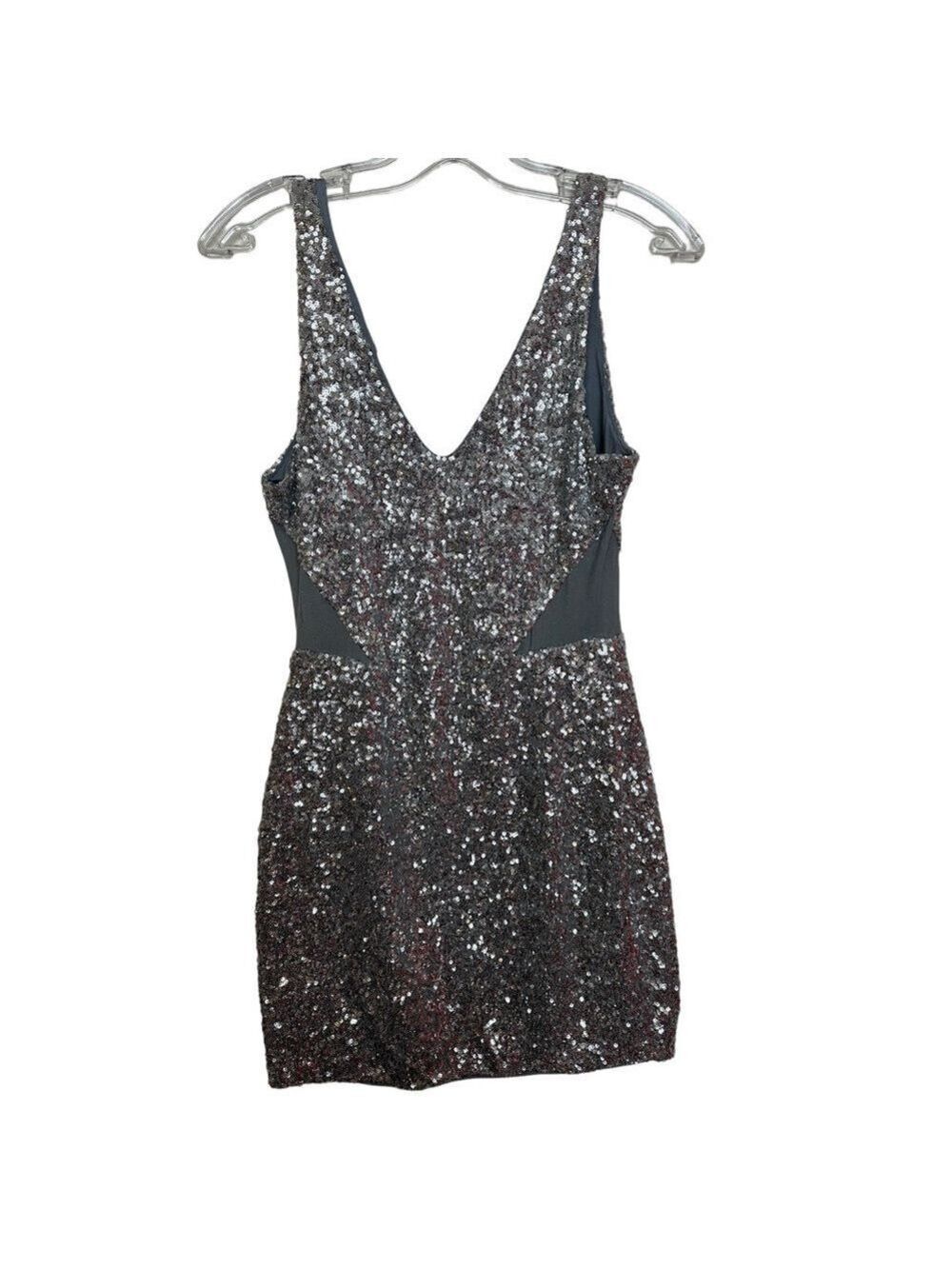 Bebe Silver Sequin Bodycon Sleeveless Mini Dress with Mesh Cutouts - Picture 3 of 14
